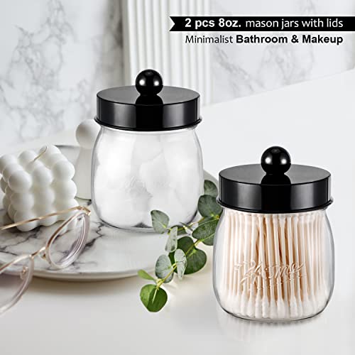 SheeChung Acrylic Mason Jar Qtip Holder Set - 2 Pack Black Apothecary Jars for Bathroom Storage