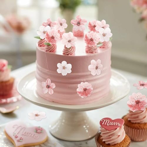 Atiloy Edible Cherry Blossoms Cupcake Toppers 50PCS Spring Cake Decorations