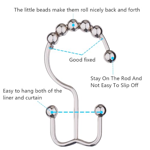 DAWNER Rust-Proof Stainless Steel Shower Curtain Hooks - Set of 12