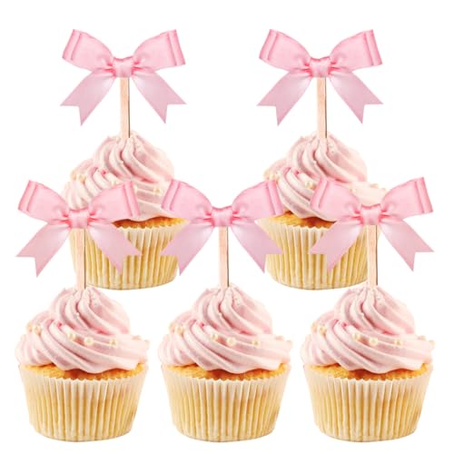 24 Pcs Rose Pink Bow Cupcake Toppers for Birthday Decor