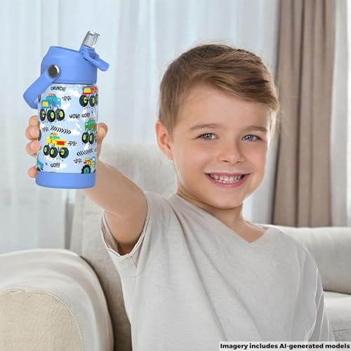 Monster Truck Insulated Water Bottle with Straw - 12 oz Kids Cup