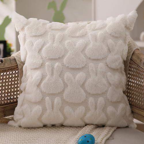 Easter Rabbit Throw Pillow Covers 18x18, Cream White Plush Set of 2