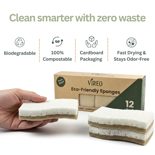 VIREO Eco-Friendly Biodegradable Sponges - 12 Pack Odor-Free Kitchen Scrubbers