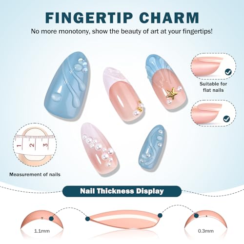 CUZIAM Blue Ocean Press on Nails Medium Almond Pearl Starfish False Nails