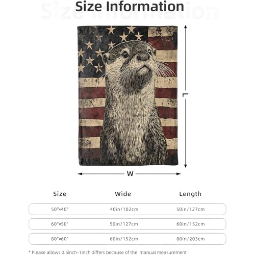 Vintage American Flag Otter Blanket 60x80 in Flannel Throw for Travel Camping Sofa