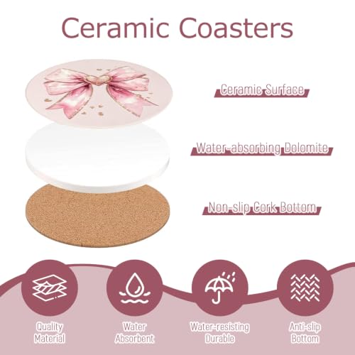 Pink Ceramic Coasters Set of 4 with Bow & Cherry, Absorbent Cork Backing, Home & Kitchen Decor