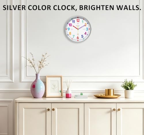 Silver 8-Inch Silent Learning Classroom Wall Clock for Kids - Educational Teacher Clock