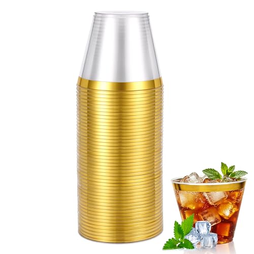 Gold Rimmed 9oz Plastic Cups - 20 Disposable Stemless Wine Glasses