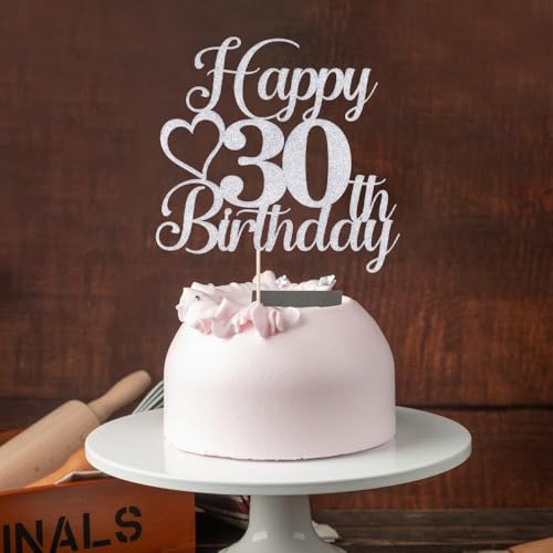 Silver Glitter Happy 30th Birthday Cake Topper Cheers to 30 Years Old Decoration
