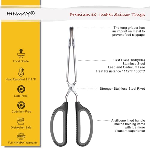 HINMAY 10-Inch Stainless Steel Scissor Tongs with Black Handle