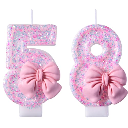 58th 85th Birthday Candles with Pink Glitter Bow - Elegant Cake Topper