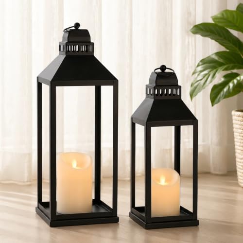 Black Decorative Lanterns Indoor Outdoor Set of 2 - 17 and 13 Inches with Candles - Square Top