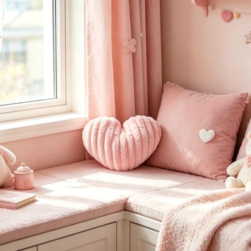 Pink Heart Pillow, 12.9" Small Fluffy Faux Fur Throw Pillow for Bedroom