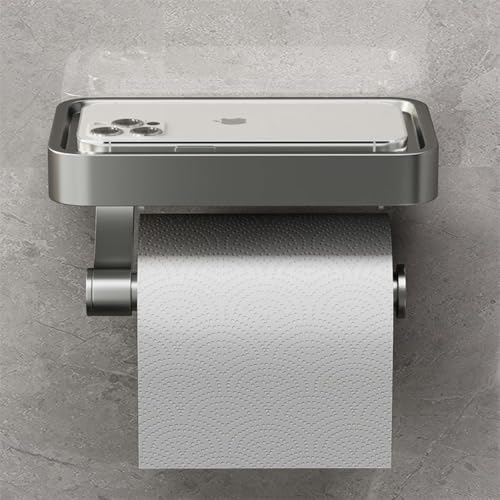 Grey Wall Mount Toilet Paper Holder with Shelf - Rustproof Stainless Steel Bathroom Dispenser