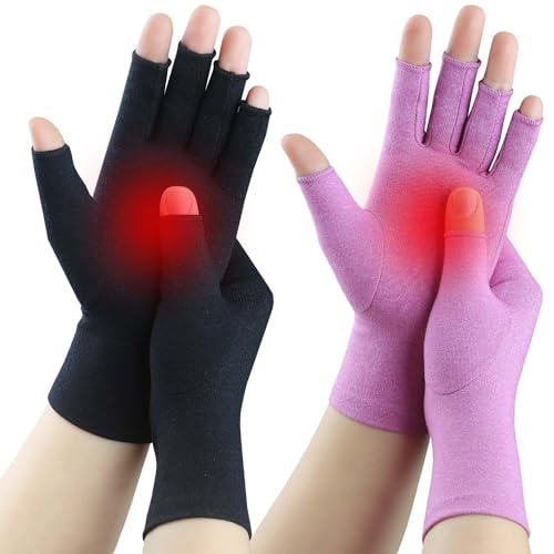 2 Pairs Fingerless Arthritis Gloves for Women Men, Hand Compression Gloves for Relieve Pain from Carpal Tunnel, Rheumatoid, Osteoarthritis, RSI, Support Typing (Medium, Pure Black1+Purple1)