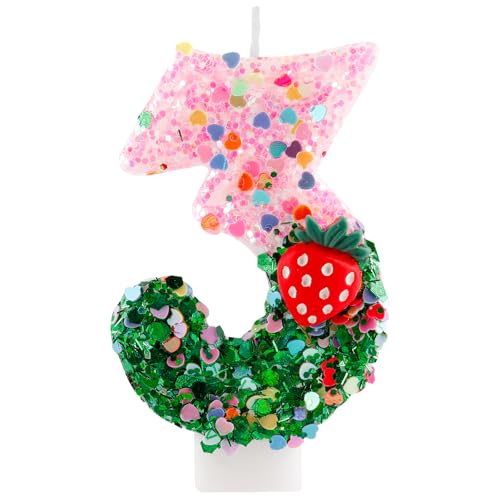 Strawberry Number 3 Birthday Candle - Pink Green Glitter Cake Topper