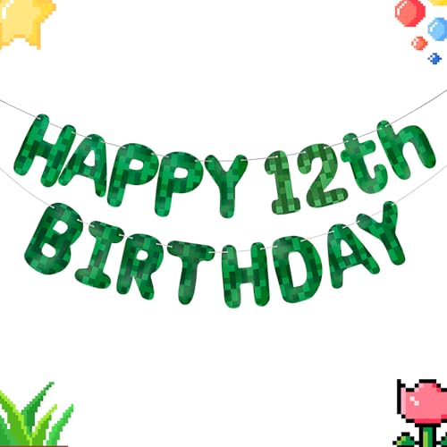 Green Pixel 12th Birthday Banner, Pre-Strung Video Game Party Decor