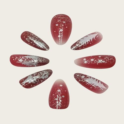 Christmas Press on Nails Medium Almond Wine Red Snowflake False Nails