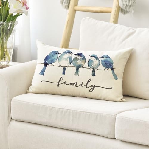 Bluebird Family Watercolor Throw Pillow Cover - 12x20 Inch