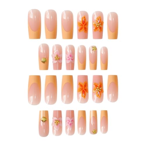 Long Square Press On Nails Yellow French Acrylic False Nails with Shell Design & Rhinestones