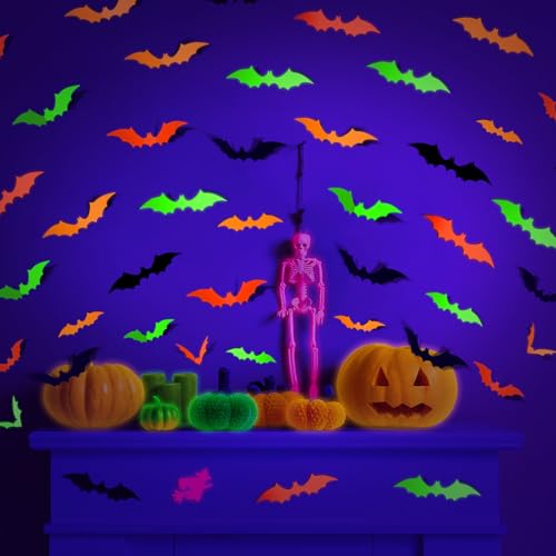 LOLStar 72-Piece 3D Neon Glow Halloween Bat Wall Decals, Fluorescent Decor