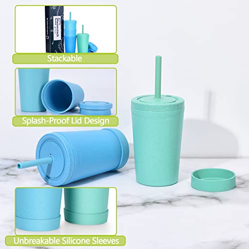 Homestockplus 10oz Wheat Straw Reusable Cups with Lids & Straws - Blue & Green