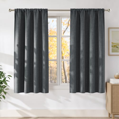 NICETOWN Faux Linen Room Darkening Curtains 42"W x 63"L, Charcoal Gray - 2 Panels