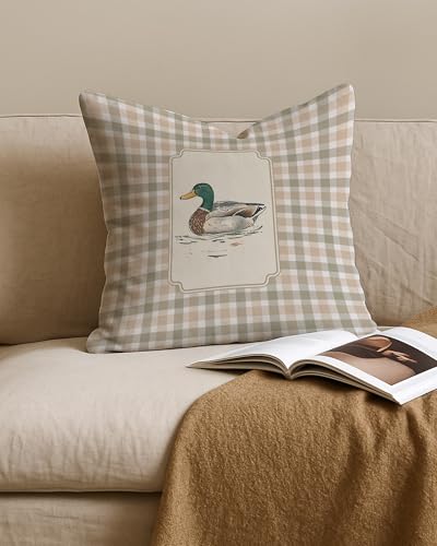 Mallard Duck Throw Pillow Cover 18x18, Farmhouse Plaid Decor - Color-20