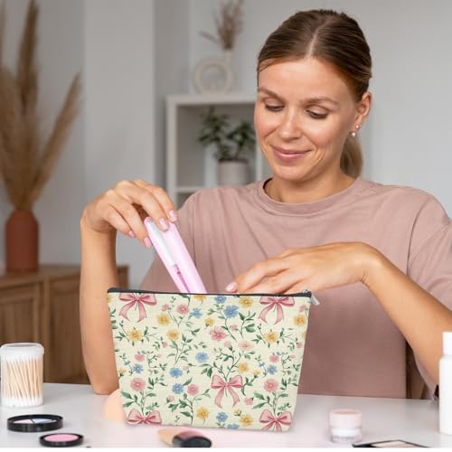 Coquette Floral Makeup Bag Pastel Pink Bow Cosmetic Pouch