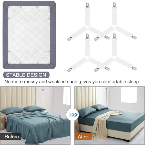 Adjustable Fitted Bed Sheet Straps - Non-Slip Corner Clips for Twin to King