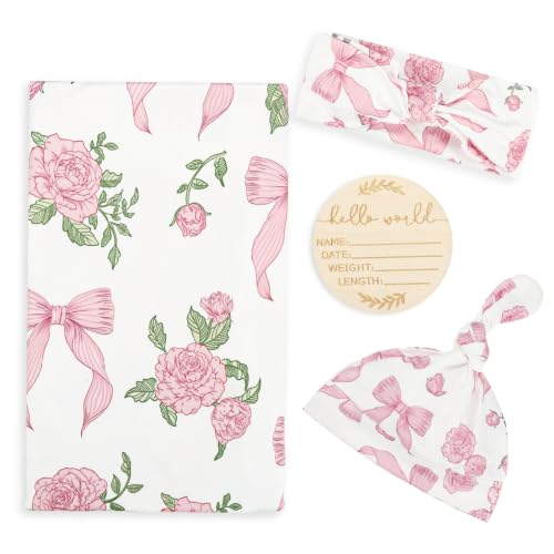 TANOFAR Newborn Swaddle Blanket Set - Swan Bow, Soft Stretchy Receiving Wrap