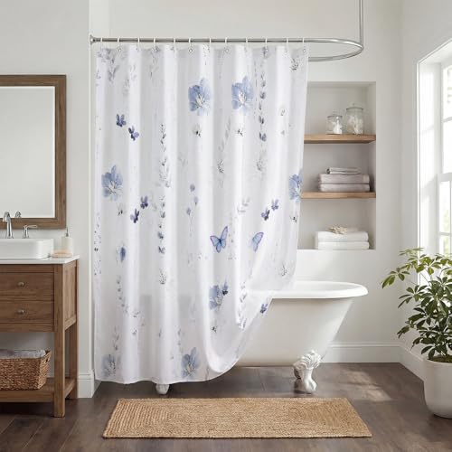 Watercolor Floral Shower Curtain - Lavender Flowers & Butterflies, 72x72 Inch