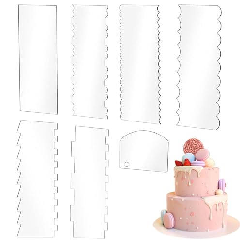 SenseYo 7 Pcs Acrylic Cake Scrapers Set - 9.5 Inch Large Icing Smoothers with Patterned Edges for Cake Decorating & Frosting