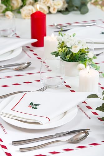Christmas Holiday Cotton Cloth Napkins Set of 4 - Red & Green Holly Embroidered 20x20 Inches