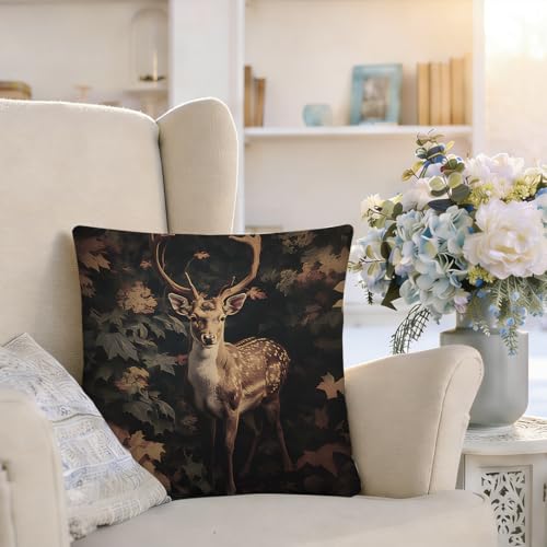 Vintage Deer Forest Pillow Cover 18x18 - Double-Sided Botanical Design