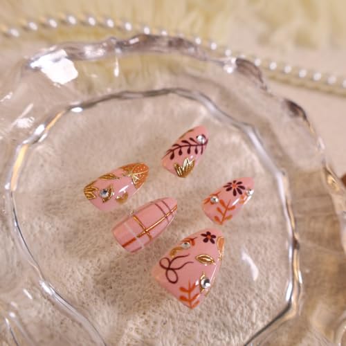Fall Press On Nails Short Almond Thanksgiving Fake Nails with Rhinestones