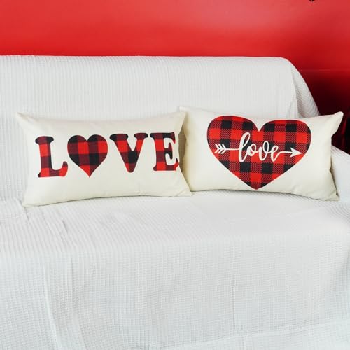 ONWAY Valentine's Day Lumbar Pillow Covers, 12x20 Farmhouse Buffalo Plaid, 2PK