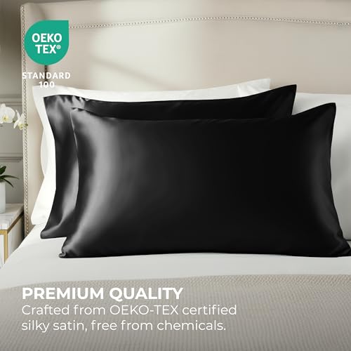 Pure Bedding Satin Pillowcases - Queen 20x30, Black, 2 Pack