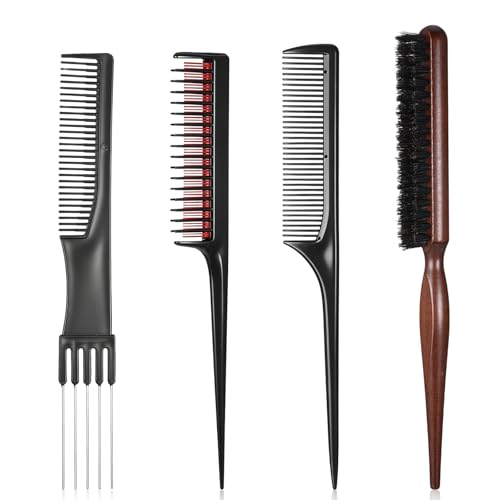 4-Piece Hair Teasing Comb Set Professional Volume Styling Tools with Rat Tail