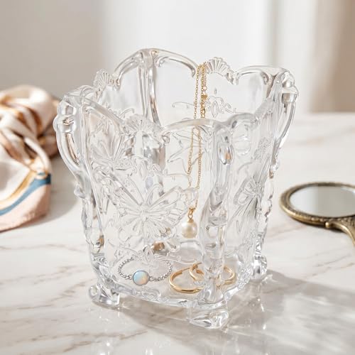 VALICLUD Acrylic Makeup Brush Holder, Transparent Butterfly Carved Cup