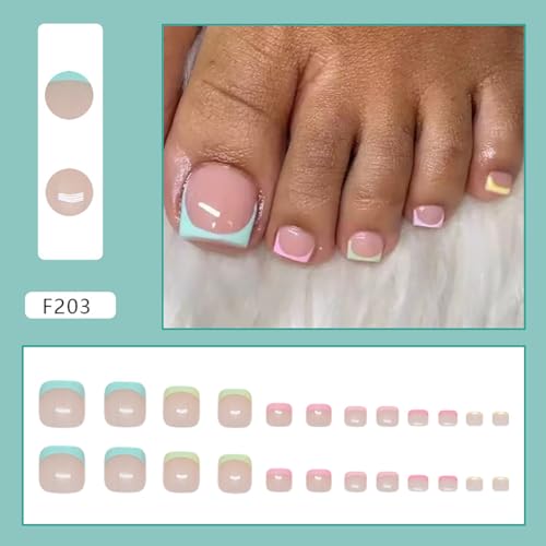 Colorful French Tip Press on Toenails Short Square Fake Toe Nails