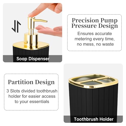 RRM Black and Gold Bathroom Accessory Set - 2-Piece Soap Dispenser & Holder