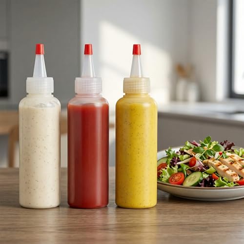 5 Pack 4oz Plastic Squeeze Bottles with Red Twist Cap for Sauces