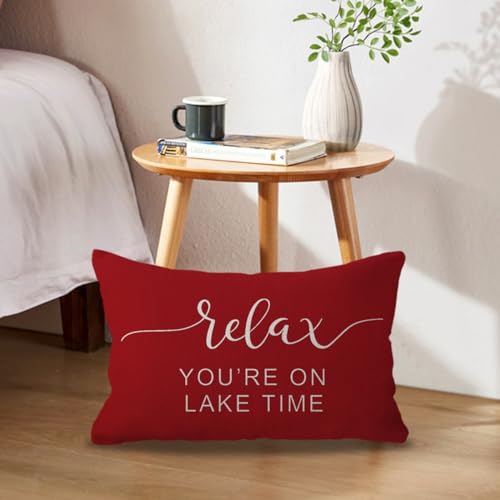 Lake House Lumbar Cushion Covers Set of 2 - Red Decorative Pillowcases 12x20 Inch