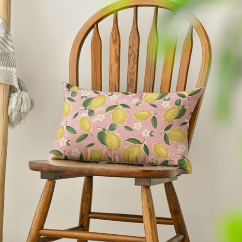 Summer Lemon Throw Pillow Cover 12x20 Inch Pink Floral Cushion Case for Sofa Couch Decor