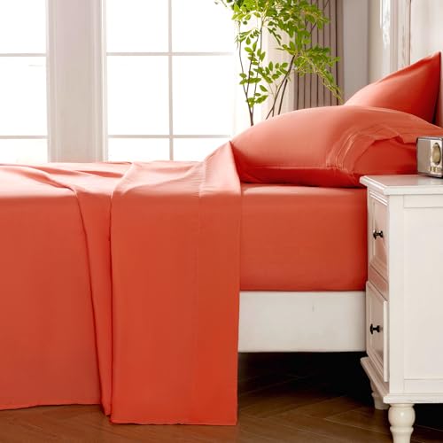 Orange Red Queen Sheet Set - 4 Piece Breathable Cooling Bedding, Deep Pocket