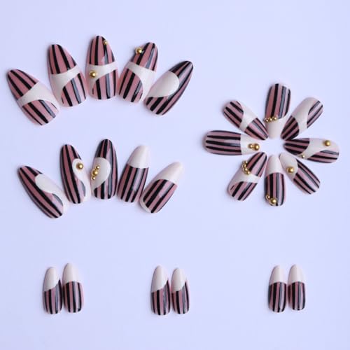 French Tip Press on Nails Medium Almond Fake Nails 3D Pearl Milk White
