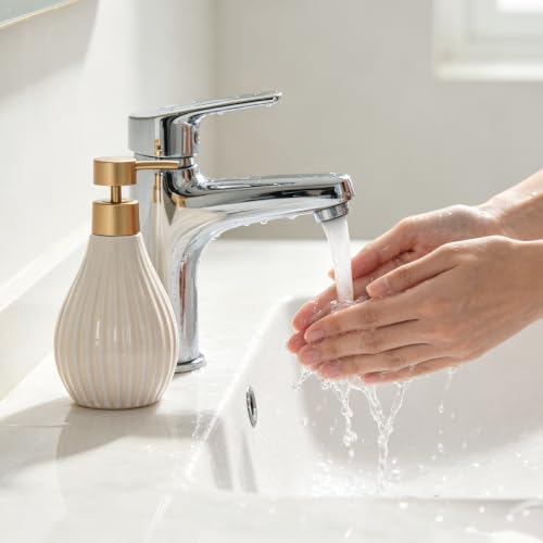 Beige Ceramic Soap Dispenser with Gold Pump - 10 Oz for Kitchen & Bathroom