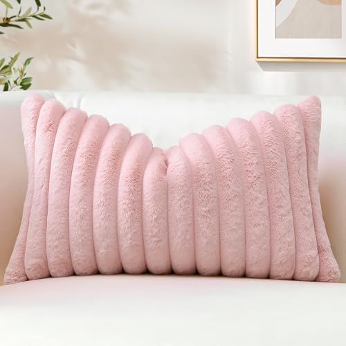 Faux Rabbit Fur Blush Pink Throw Pillow Cover 12x20 Inch