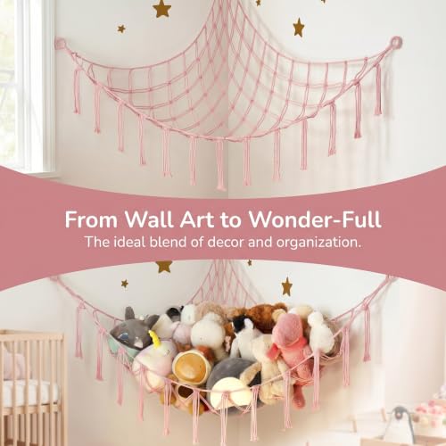 Large Cotton Stuffed Animal Storage Hammock - Pink Macrame Organizer